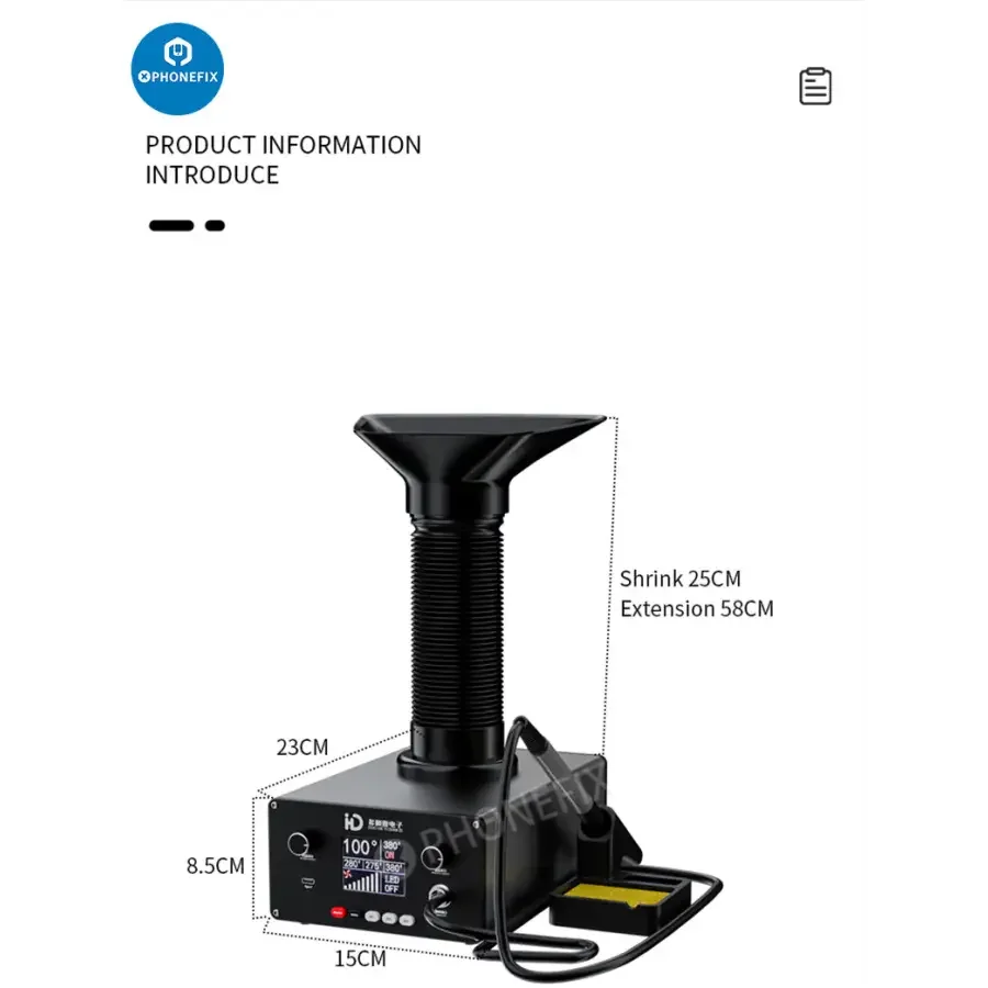 PHONEFIX TBK D201 soldering iron with smoke fume extractor for welding repair, featuring built-in fume extraction system.