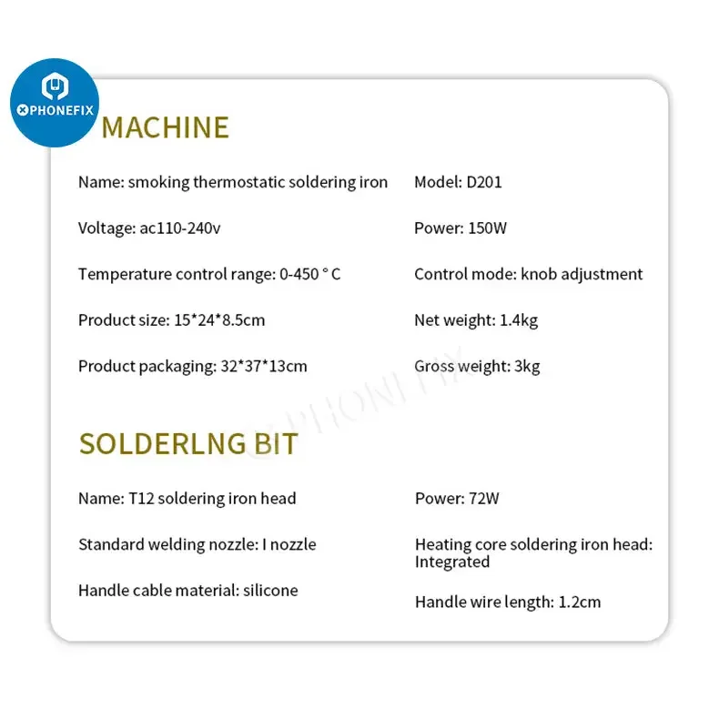 PHONEFIX TBK D201 soldering iron with smoke fume extractor for welding repair, showing the compact extraction unit and tools.