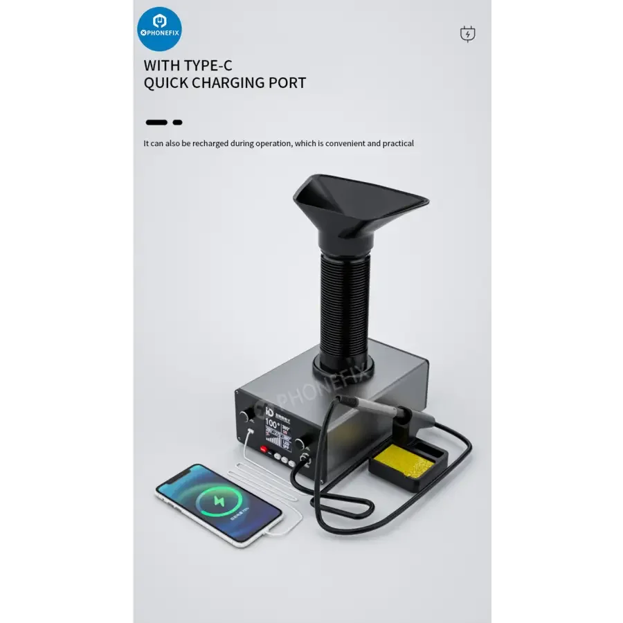 Phonefix TBK D201 soldering iron with smoke fume extractor for welding repair, showing the compact extractor unit and soldering tool in use.