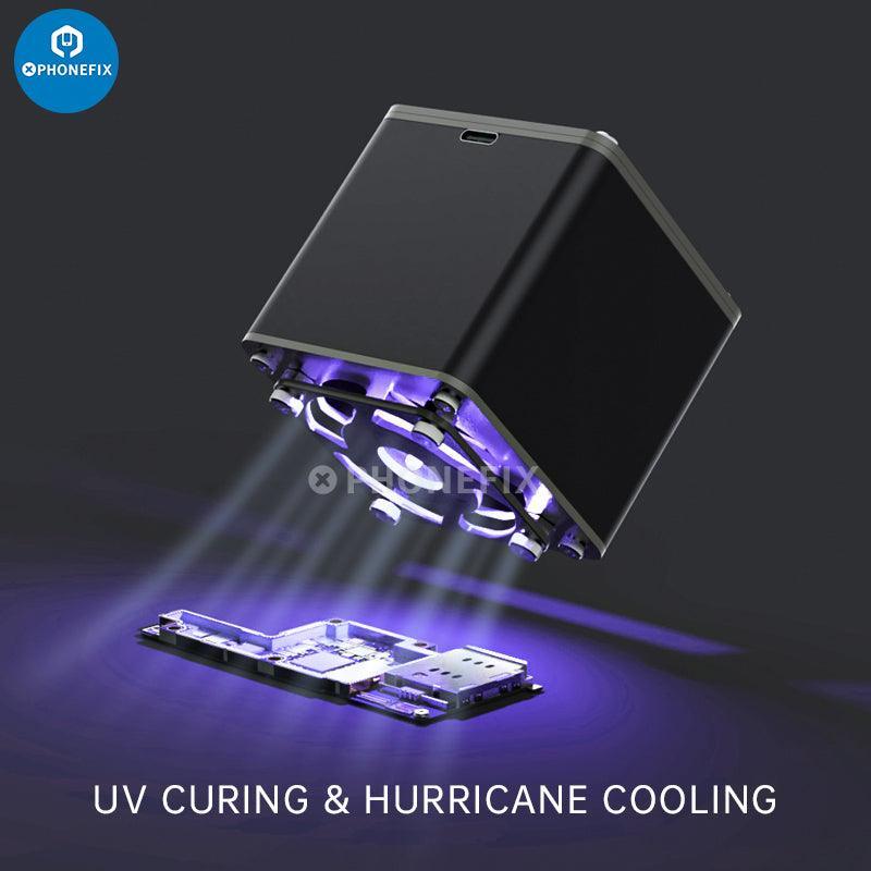 WYLIE 2-in-1 UV curing lamp with cooling fan for phone PCB repair, used as smoke fume extractor by PHONEFIX.