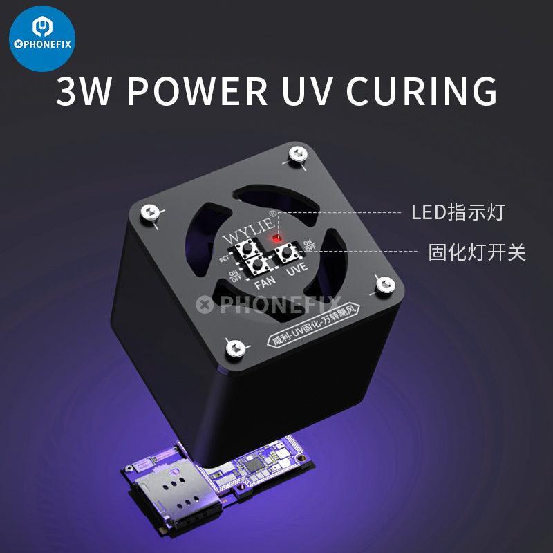WYLIE 2-in-1 UV curing lamp with cooling fan for phone PCB repair and smoke fume extraction, by PHONEFIX.