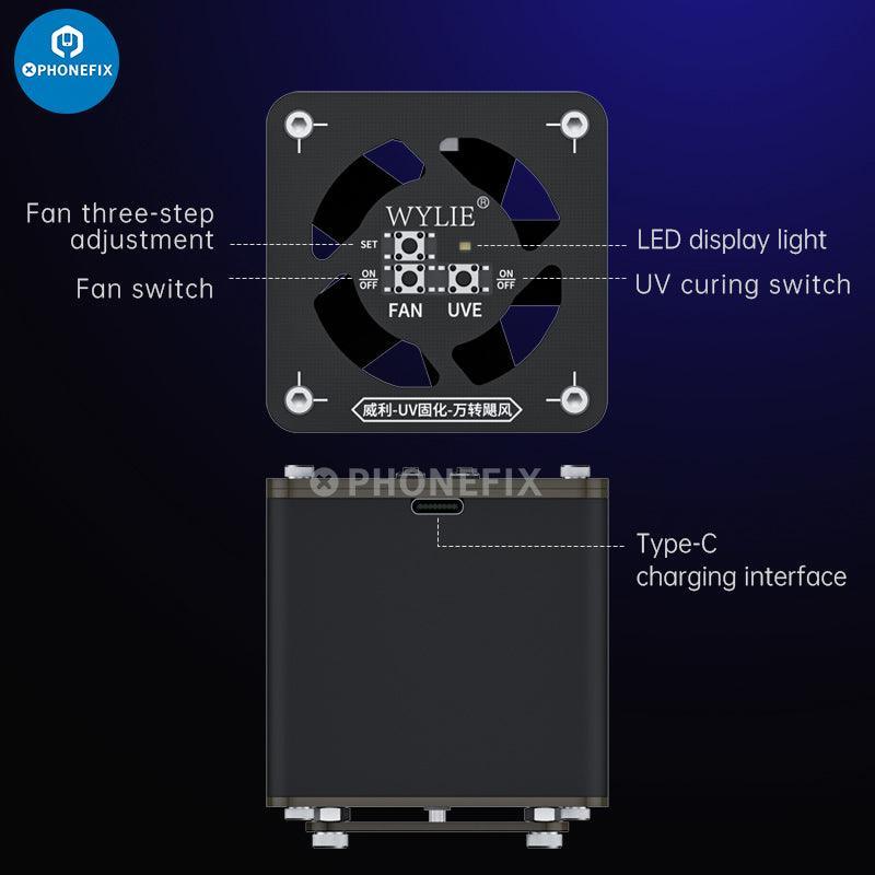 WYLIE 2 in 1 UV curing lamp with cooling fan, phone PCB repair tool, smoke fume extractor by PHONEFIX for electronics repair.