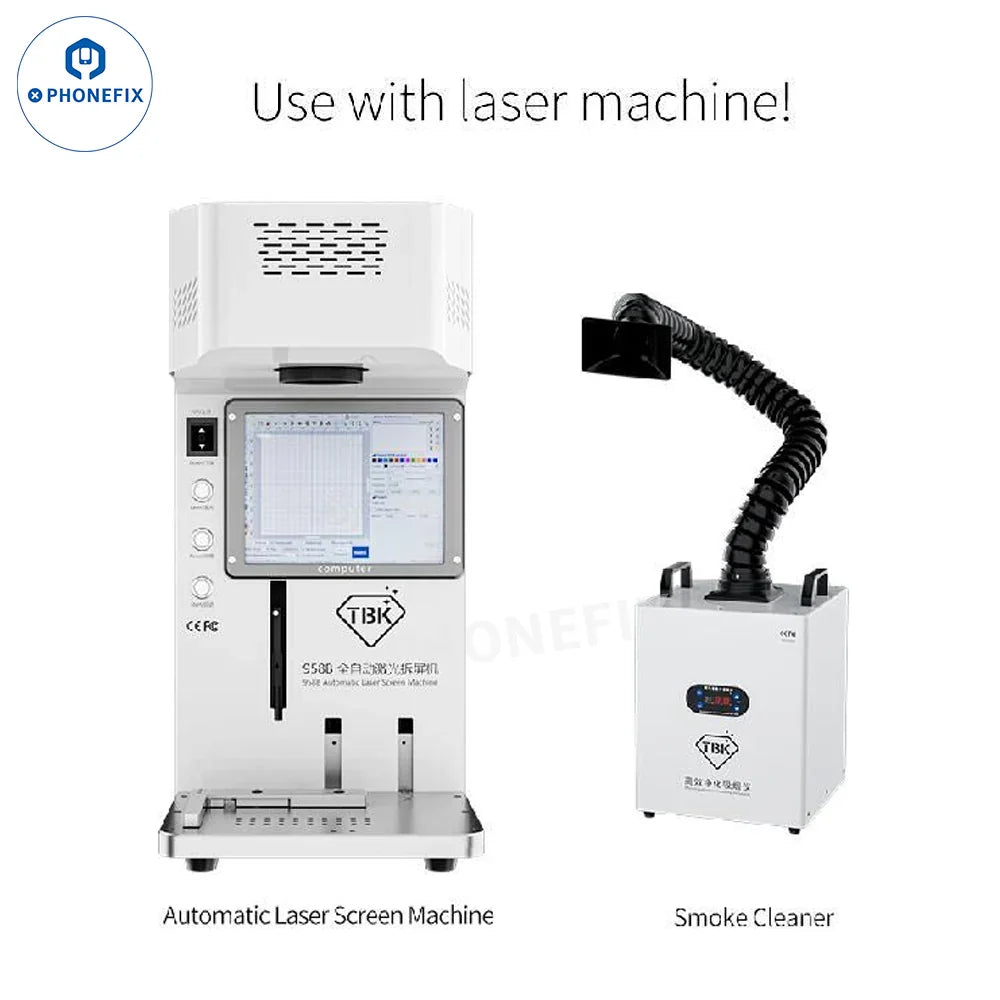 PhoneFix TBK smoke fume extractor for soldering and laser engraving, air cleaner capturing fumes and smoke from work area.