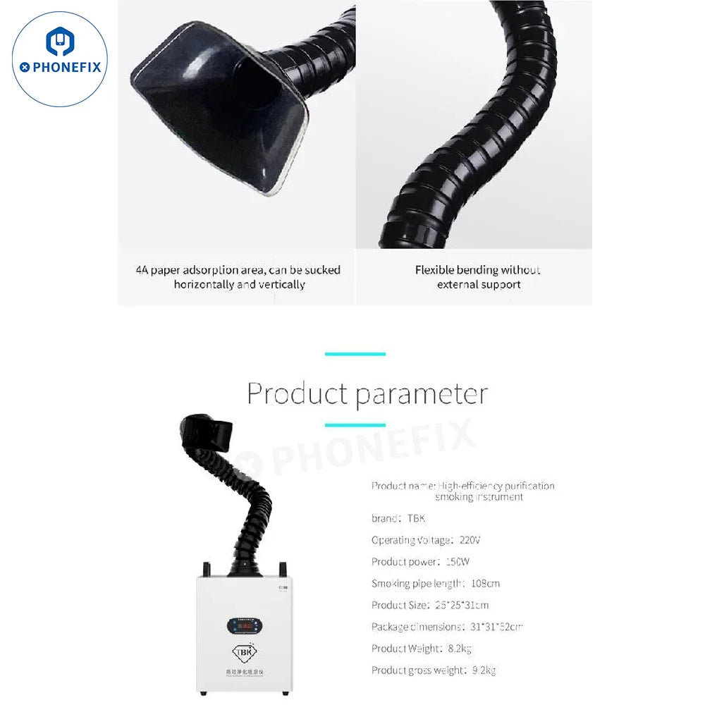 PHONEFIX TBK Fume Extractor for soldering and laser engraving, with compact air cleaner and smoke removal system.