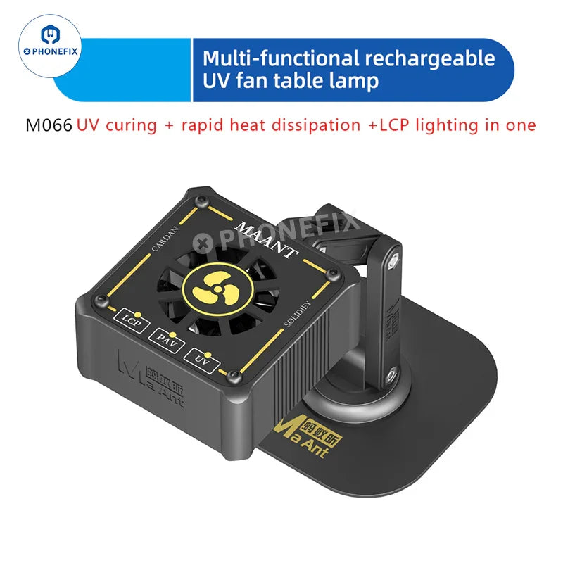 MaAnt M066 rechargeable UV curing cooling fan with smoke fume extractor features for efficient airflow and cooling during UV curing tasks.
