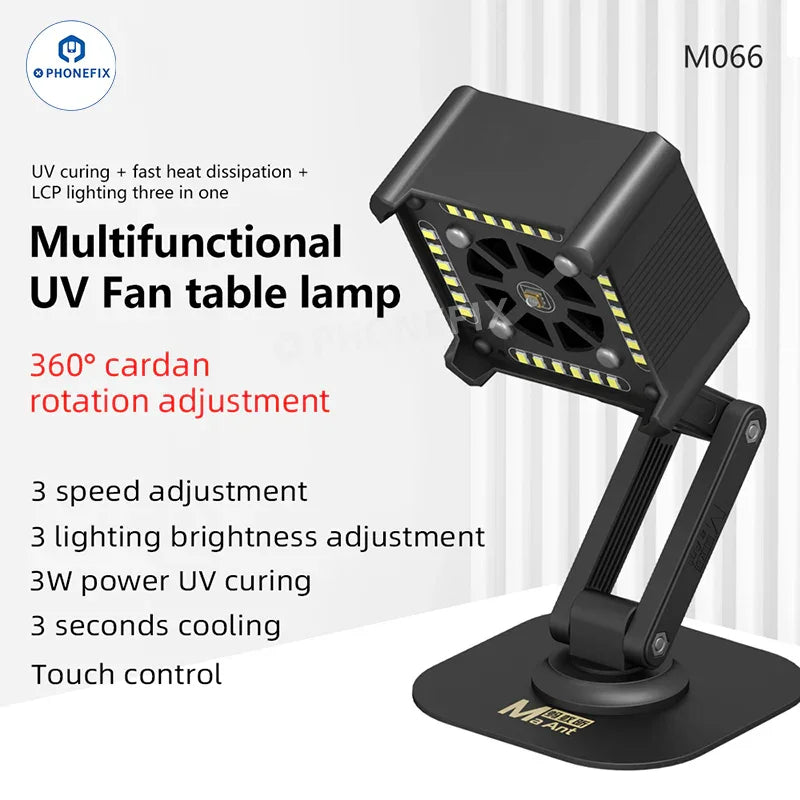 Rechargeable MaAnt M066 UV curing cooling fan with smoke fume extractor, designed for effective smoke and fume removal during repairs.