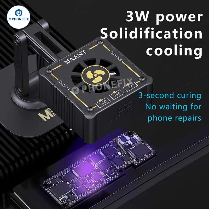 MaAnt M066 rechargeable UV curing cooling fan attached to smoke fume extractor for jewelry and electronics repair.