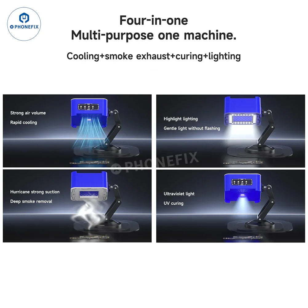PhoneFix mechanic UV curing light cooling smoke fume extractor with multiple hoses and filters for efficient smoke removal.