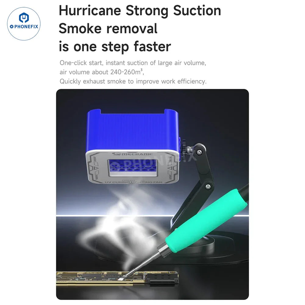 PhoneFix MECHANIC FUL-4 UV curing light smoke fume extractor with cooling system, designed to remove fumes during UV curing processes.