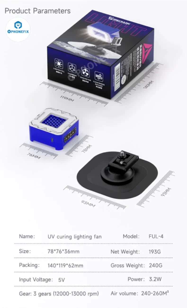 PhoneFix mechanic UV curing light cooling smoke fume extractor capturing smoke and fumes during repair work.