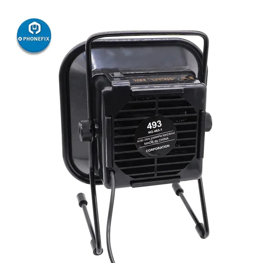 PHONEFIX 493 Desktop Soldering Smoke Absorber and ESD Fume Extractor capturing fumes from electronic workstations with 220V power.