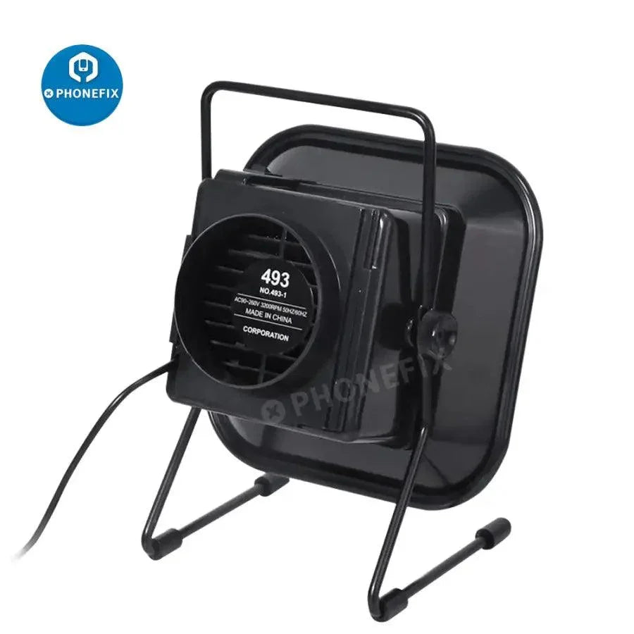 PHONEFIX 493 desktop soldering smoke absorber and ESD fume extractor, compact design with 220V power for soldering workspaces.