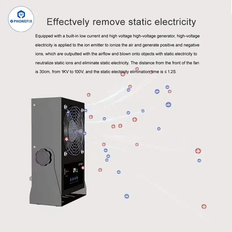 Phonefix ATTEN ST-1015 ST-1020D static eliminator ion blower air fan for smoke fume extraction, with stable ion balance and electrostatic hair.