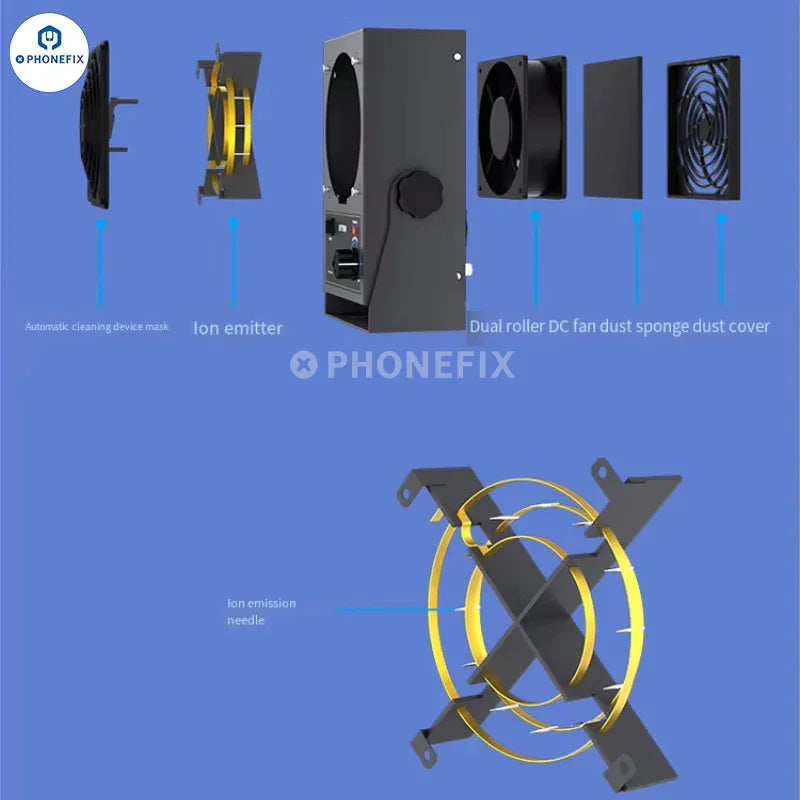 Phonefix ATTEN ST-1015 ST-1020D static eliminator ion blower air fan used as smoke fume extractor in electronics repair.