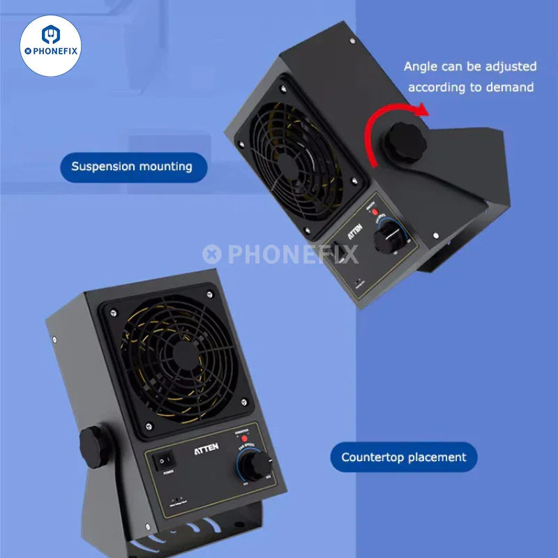 Phonefix ATTEN ST-1015 ST-1020D static eliminator ion blower air fan for smoke and fume extraction, with ionization technology.