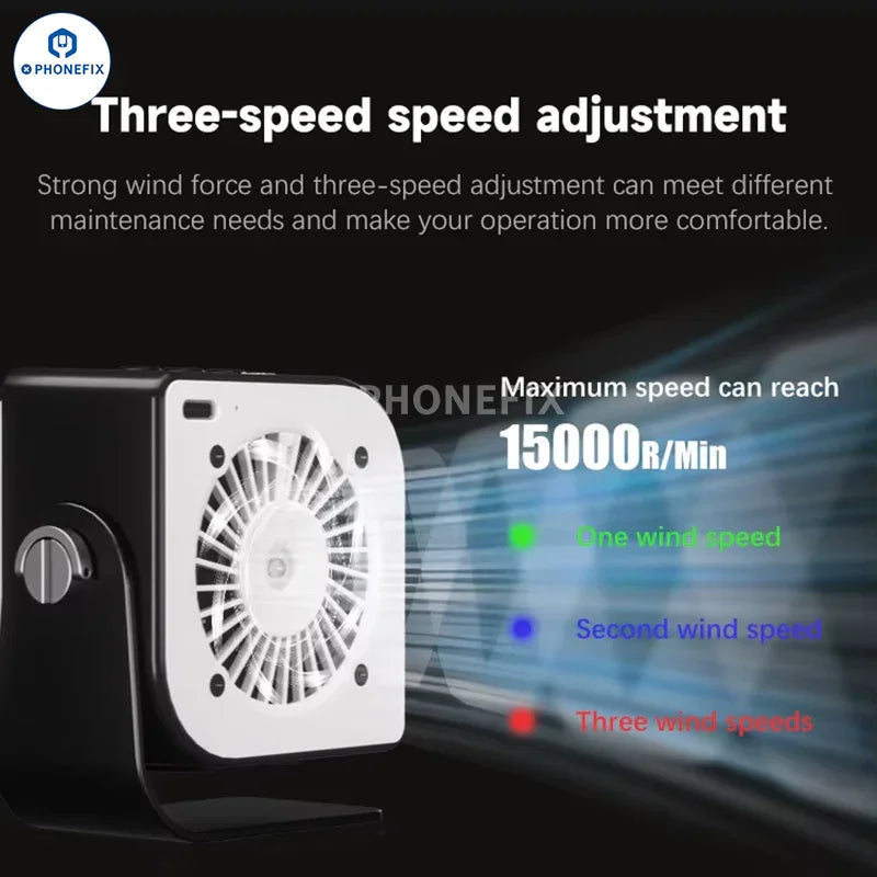 PhoneFix TBK-F001 smoking cooling fan with UV curing lamp, smoke fume extractor for industrial and workspace use.
