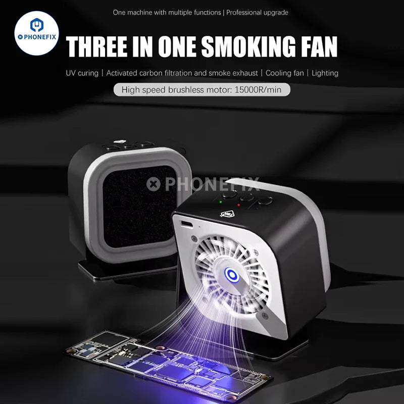 PHONEFIX TBK-F001 smoking cooling fan with UV curing lighting lamp, smoke fume extractor for efficient smoke removal and curing.