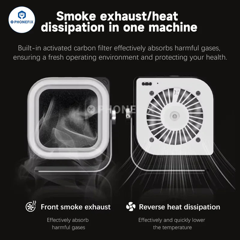 PHONEFIX TBK-F001 smoke fume extractor with cooling fan and UV curing lighting lamp, showing the device with vents and control panel.