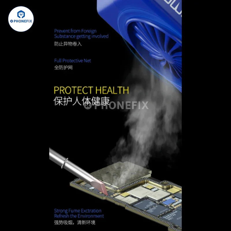 PhoneFix mechanic microscope smoke fume extractor with built-in filtration for safe, clean work environment.