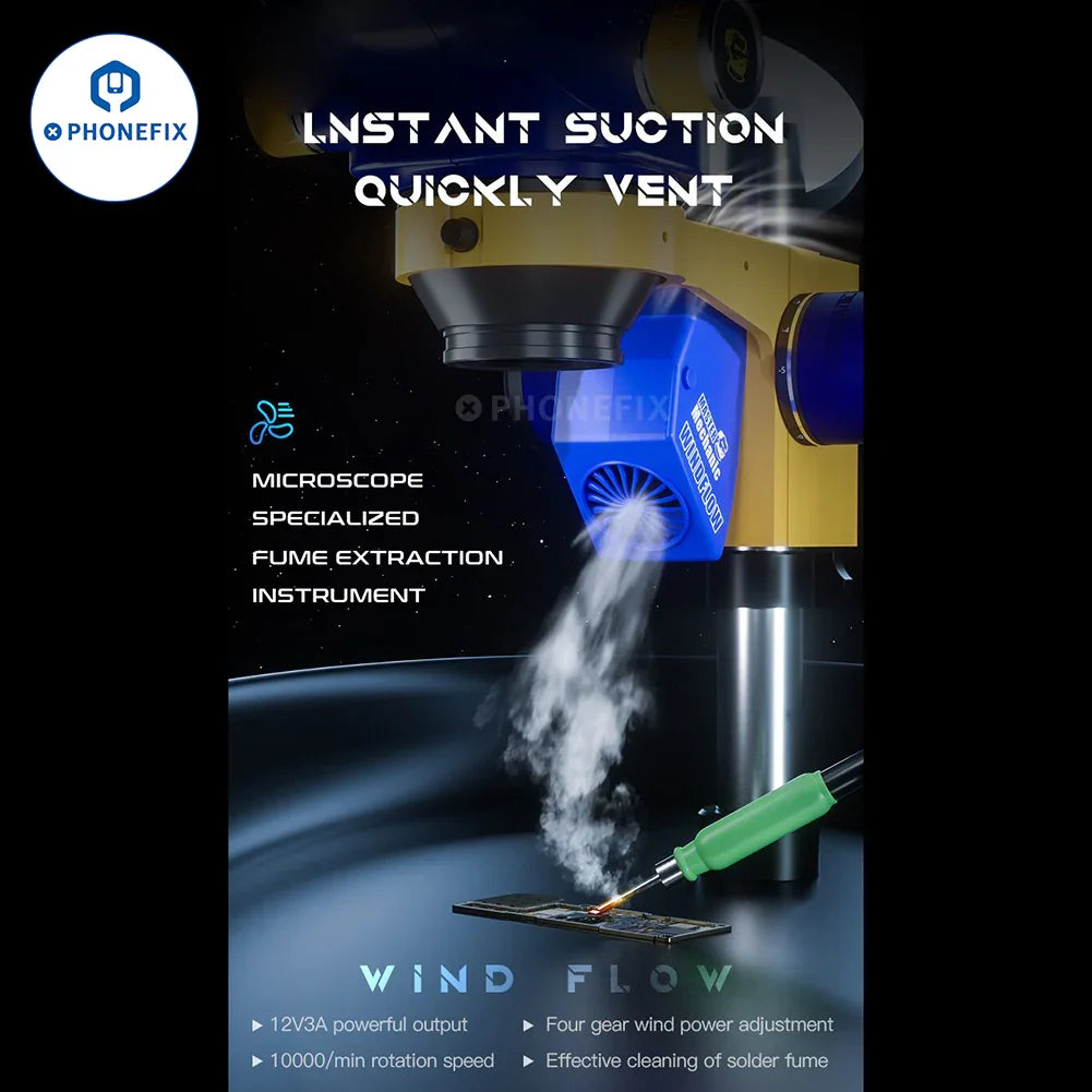 PHONEFIX mechanic microscope smoke fume extractor with adjustable arm and filtration system for efficient smoke absorption.