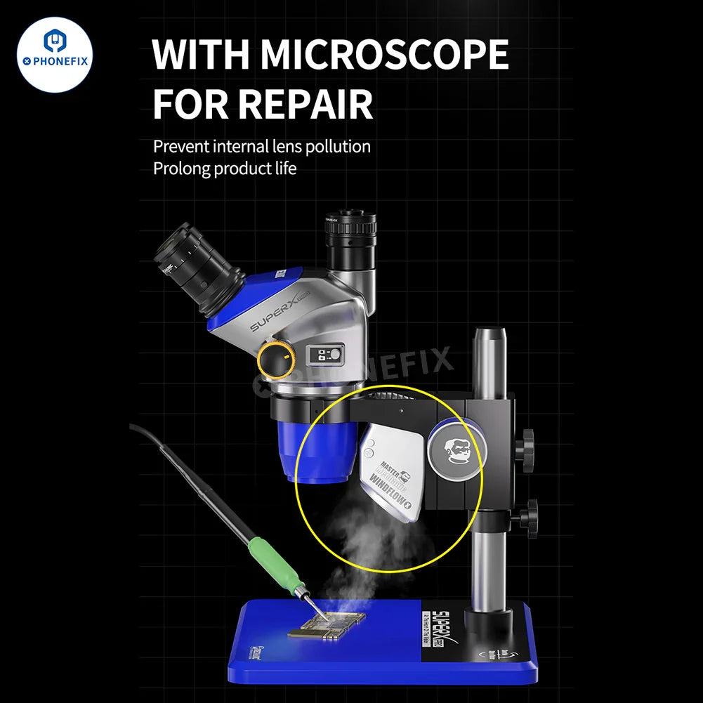 PHONEFIX mechanic microscope smoke fume extractor with adjustable arm and filter system for safe smoke absorption during inspections.