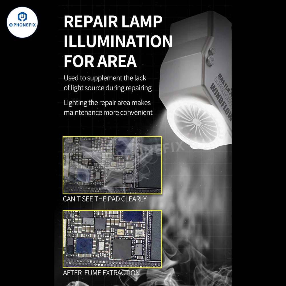 PhoneFix MECHANIC Microscope Smoke Fume Extractor captures and removes fumes during detailed mechanical inspections.