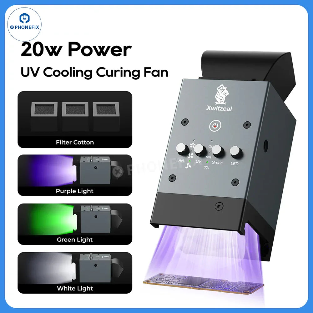 PHONEFIX XwitZeal FAN1 UV curing cooling fan for phone motherboard IC repair, smoke fume extractor device in use.