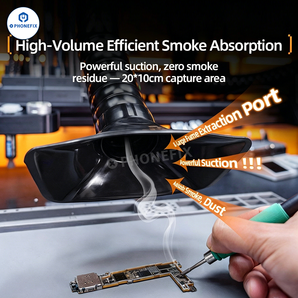 YCS X5 Air Purifier smoke fume extractor by PHONEFIX capturing soldering smoke and dust with adjustable filters and compact design.
