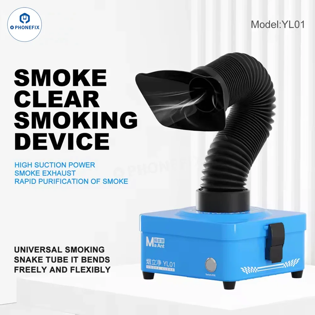 PHONEFIX MaAnt YL01 desktop smoke fume extractor for phone soldering repair, with compact design and adjustable arm.