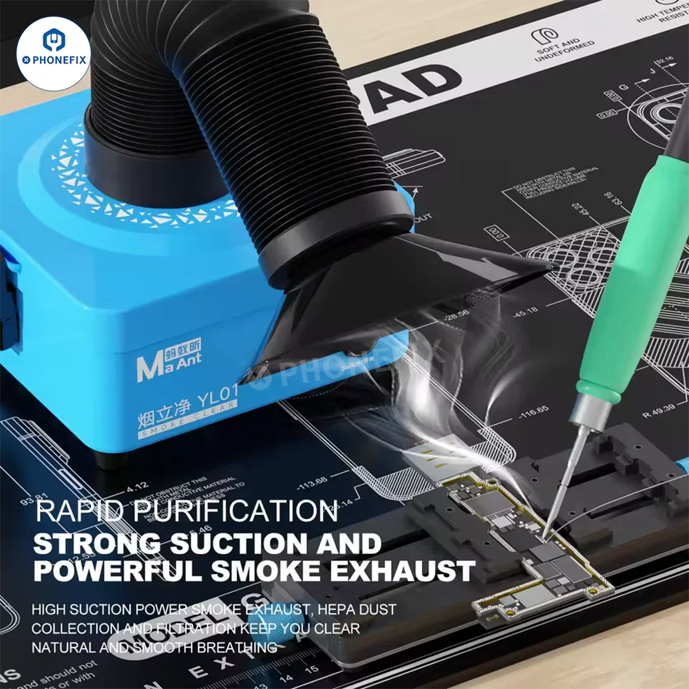 PhoneFix MaAnt YL01 desktop smoke fume extractor for phone soldering repair, compact device with adjustable airflow and filter.