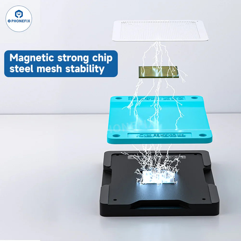 XZZ C1 Magnetic Base with BGA IC Tin Planting Silicone Pad for soldering, used on PHONEFIX soldering mat, with magnetic support and silicone pad.