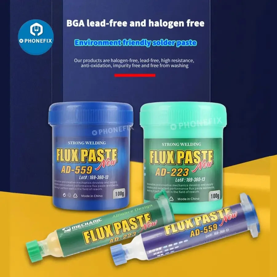 Lead-free soldering flux paste for BGA PCB rework by PHONEFIX, shown in a small container with a smooth, paste consistency.