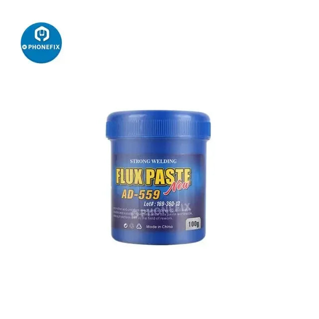 Lead-free soldering flux paste for BGA PCB rework by PHONEFIX, shown in a small container with a smooth, gray consistency.