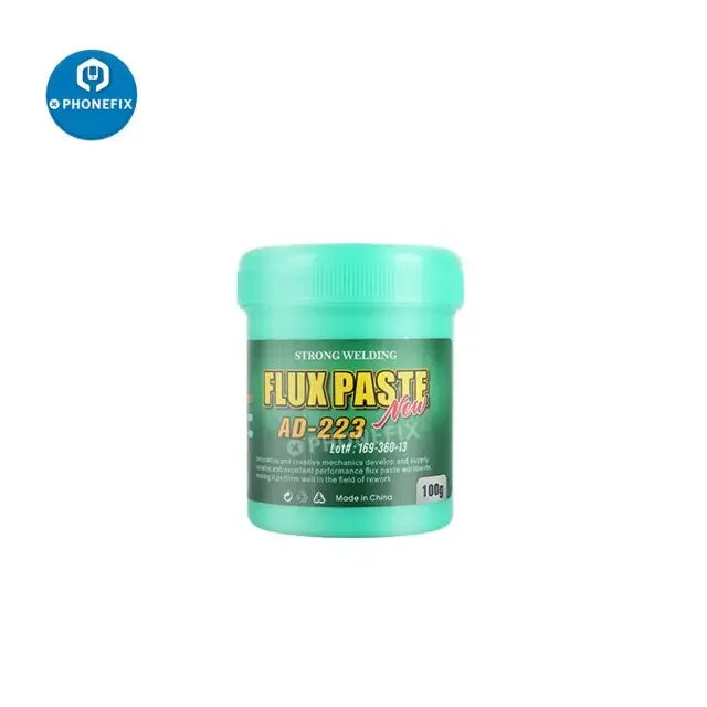 Lead-free soldering flux paste for BGA PCB rework, from PHONEFIX, used in precise electronic soldering and reflow applications.