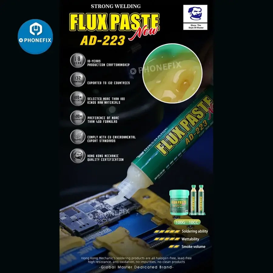 PhoneFix lead-free soldering flux paste for BGA PCB rework, showing the container of mechanic AD-233/559 solder paste.