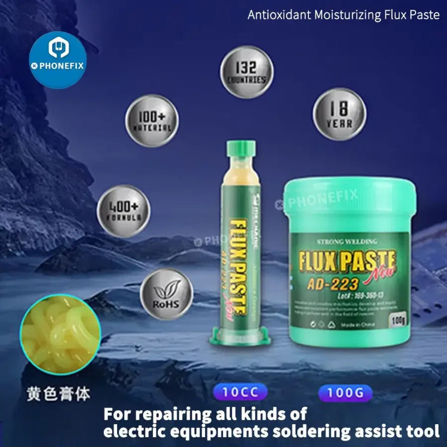 Lead-free soldering flux paste for BGA PCB rework by PHONEFIX, shown in a tube with application tip for electronics repair.