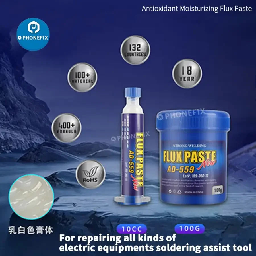 Lead-free soldering flux paste for BGA PCB rework by PHONEFIX, shown in a small container with applicator tip.