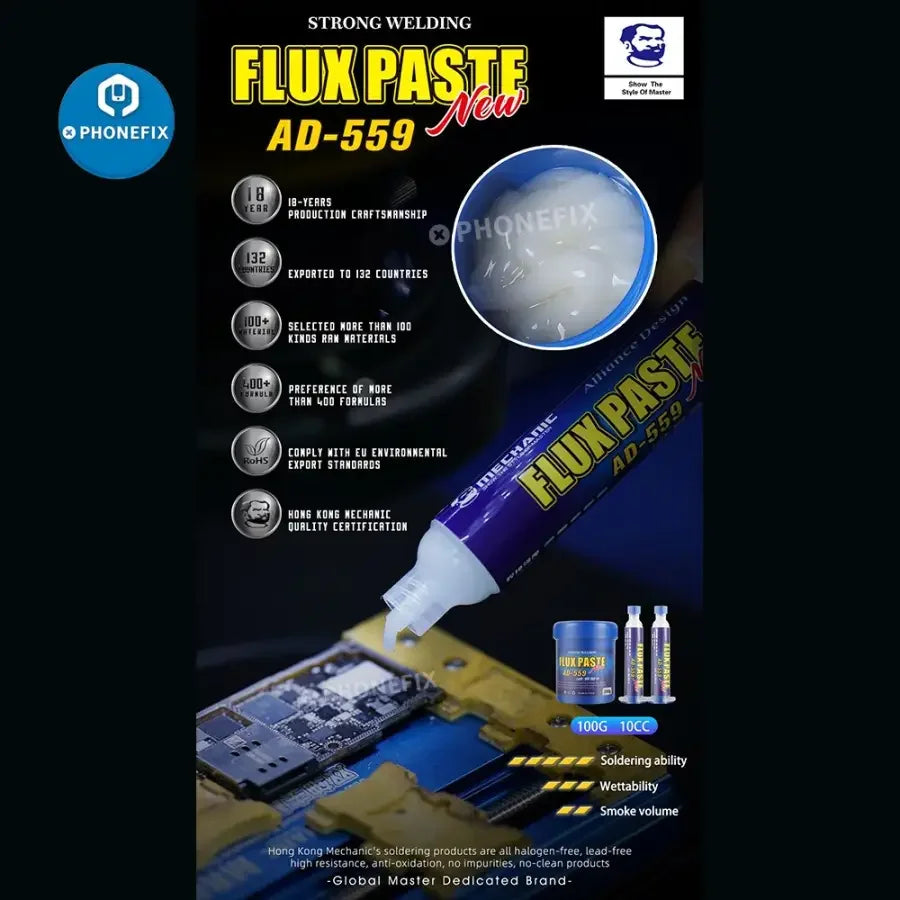 Lead-free soldering flux paste for BGA PCB rework by PHONEFIX, shown in the image, used for precise electronic soldering repairs.