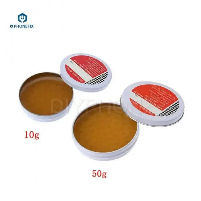 Mild rosín soldering paste flux gel for metalworking, used with soldering tools for electronic and metal projects by PHONEFIX.