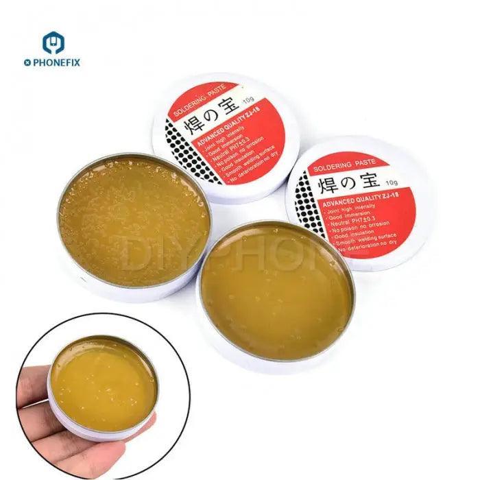 PhoneFix mild rosin soldering paste flux gel for metalworking, used as a soldering tool for precise electronic and metal repairs.