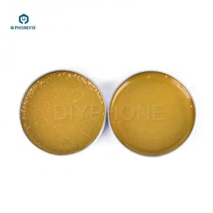 Mild rosin soldering paste flux gel for metalworking, shown in a container with application brush, used for electronics soldering.