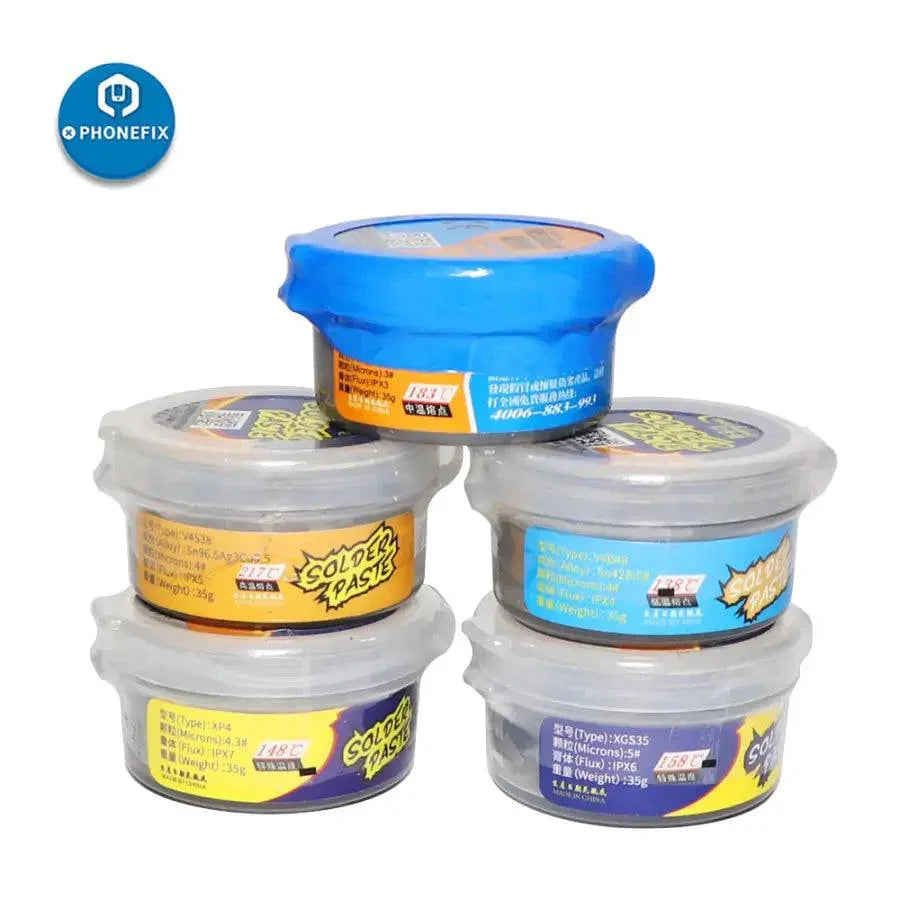 PhoneFix mechanic solder paste with low, middle, and high-temperature soldering tin cream for electronics repair.
