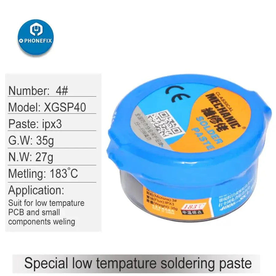 PhoneFix mechanic solder paste with low, middle, and high temperature soldering tin cream for electronics repair.