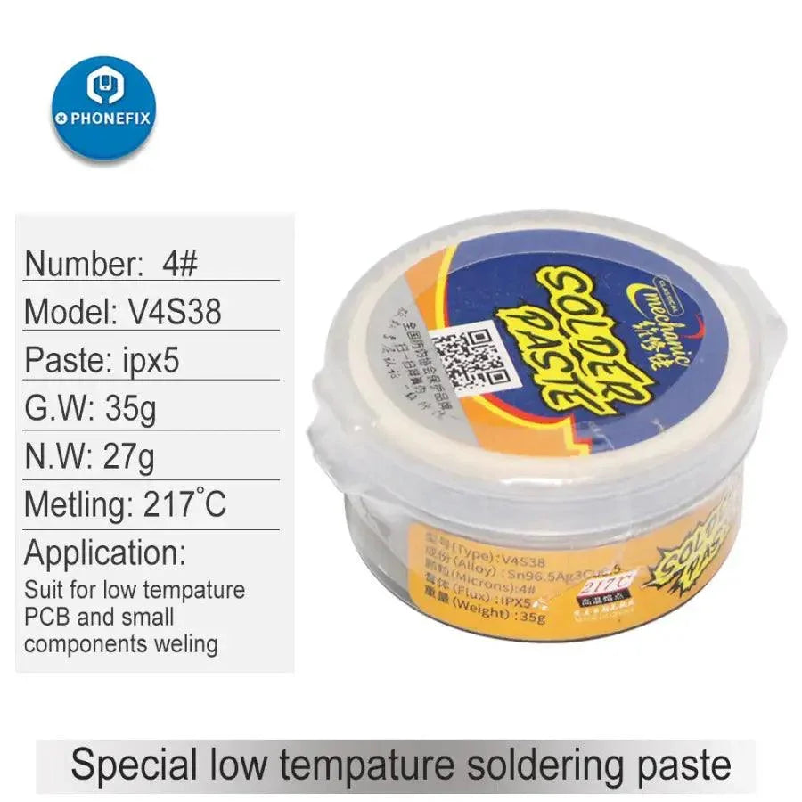 PhoneFix mechanic low, middle, high-temperature solder paste for precise soldering and electronics repair.