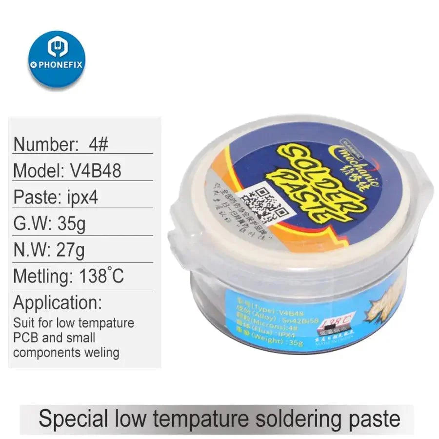 PhoneFix mechanic solder paste for low, middle, and high temperatures, used for precise soldering in electronics assembly.