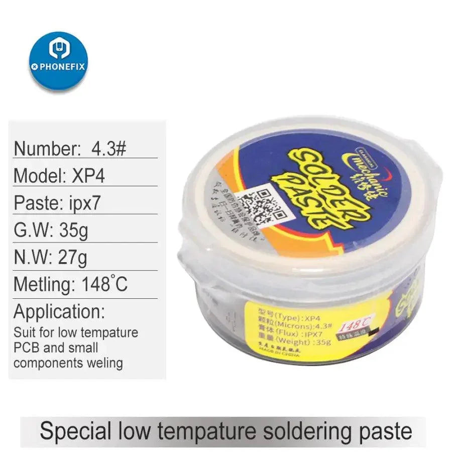 PhoneFix mechanic solder paste with low, middle, high temperature options for precise soldering and electronic repairs.