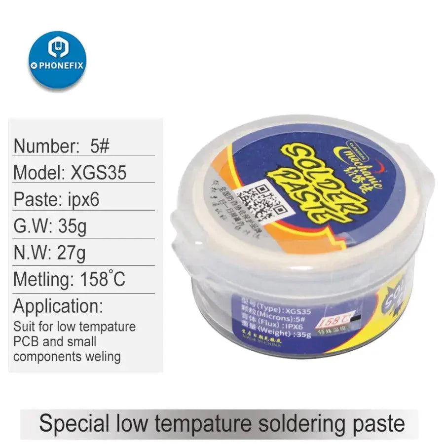 PhoneFix mechanic low, middle, and high-temperature solder paste for soldering, shown in a container with a metallic tip applicator.