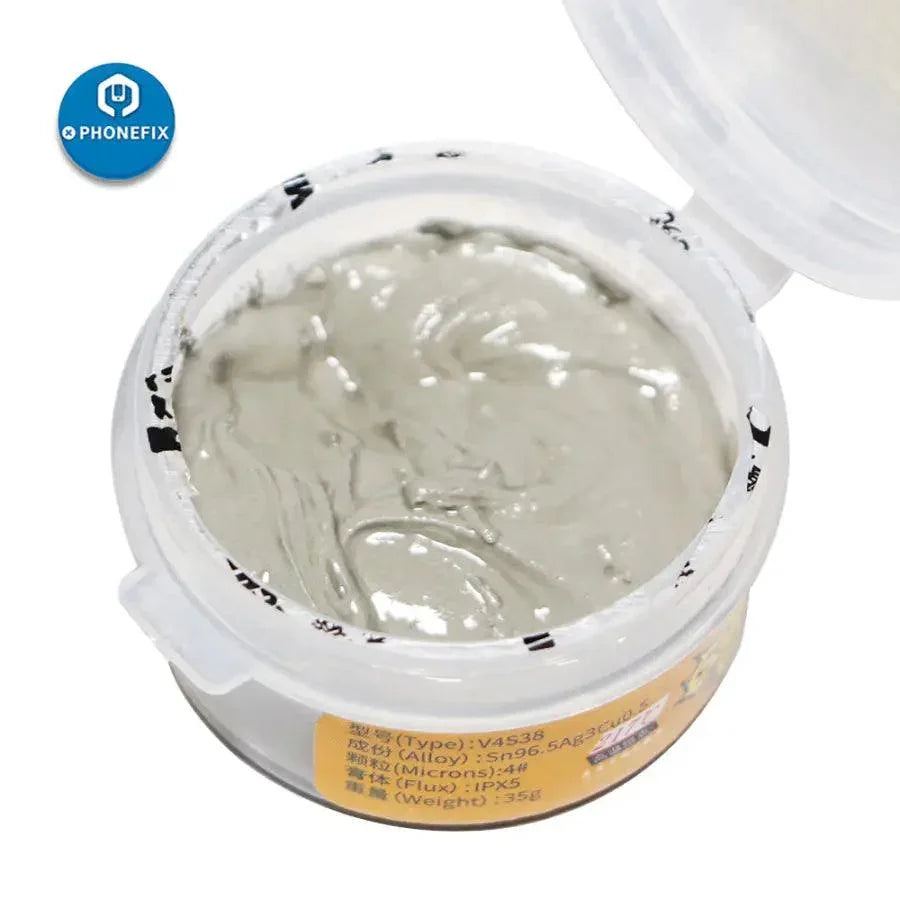 Phonefix mechanic solder paste for low, middle, and high temperatures, used for precise soldering and tinning in electronics repair.
