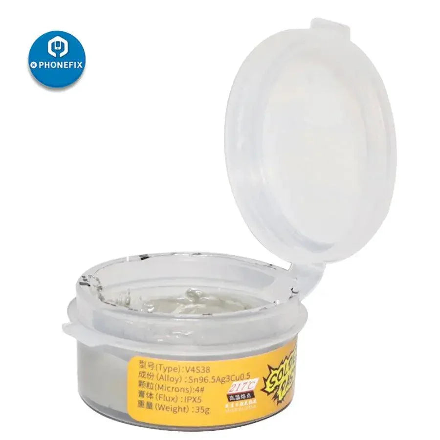 PhoneFix mechanic solder paste with low, middle, and high temperature soldering tin cream for electronic repairs.