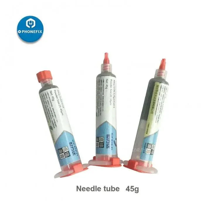 Canned high-temperature lead-free solder paste for motherboard repair from PHONEFIX, showing the solder paste container.